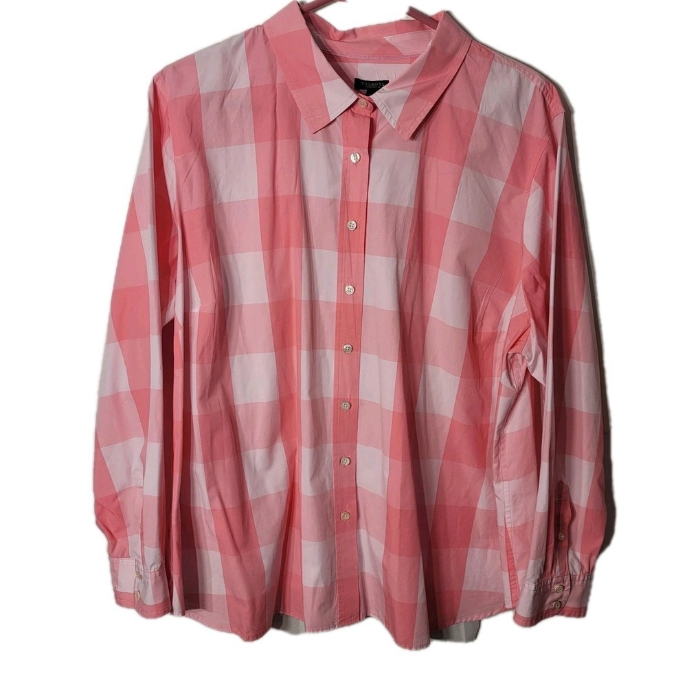 Talbots Women's Pink White Plaid long Sleeve Button Blouse Shirt Sz 3Xp Preppy